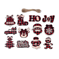 Christmas UV Single Face Printed Wood Pendant Decorations, Mixed Shapes, Jute Rope Hanging Decorations, Laser Cut Wood Shapes, Dark Red, 47~79x56.5~80x2mm, Hole: 2.5mm(WOOD-N020-32)