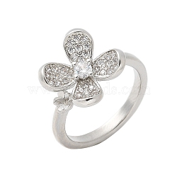 Flower Brass Micro Pave Cubic Zirconia Cuff Ring Components, for Half Drilled Beads, Long-Lasting Plated, Lead Free & Cadmium Free, Rack Plating, Platinum, Inner Diameter: 17mm, Tray: 4mm(KK-K297-23P)