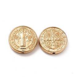 Alloy Beads, Flat Round with Cssml Ndsmd Cross God Father/Saint Benedict, Light Gold, 14.5x3.5mm, Hole: 1.2mm(FIND-G048-25KCG)
