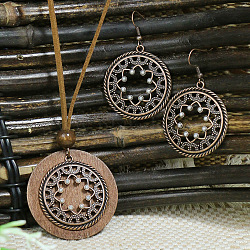 Bohemian Alloy Enamel & Wood Pendant Necklaces & Dangle Earrings Sets, Flat Round, 400mm(WG0DDDA-01)