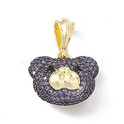 Brass Micro Pave Cubic Zirconia Pendants, Bear Head Charm, Golden, Lilac, 16.5x18.5x11mm, Hole: 6.5x3mm(KK-P224-09EB-03)