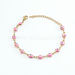 Real 18K Gold Plated Stainless Steel Enamel Evil Eye Link Chain Bracelet, Pearl Pink, 6-3/4 inch(17cm)(VQ3782-4)