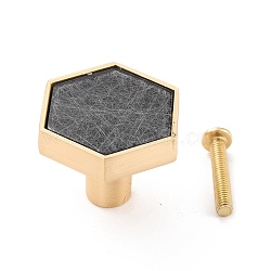 Hexagon with Marble Pattern Brass Box Handles & Knobs, with Resin Cabochons and Iron Screws, Matte Gold Color, Gray, 29.5x34x24.5mm, Hole: 3.5mm(DIY-P054-C07)