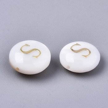 Natural Freshwater Shell Beads, with Golden Plated Brass Etched Metal Embellishments, Flat Round, Seashell Color, Letter.S, 8x3~5mm, Hole: 0.5~07mm