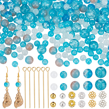 DIY Jewelry Making Findings Kits, including Baking Paint Crackle Glass Beads, Brass Rhinestone Spacer Beads, Brass Beads & Flower Bead Caps & Eye Pin, Deep Sky Blue