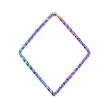 304 Stainless Steel Linking Rings, Textured, Rhombus, Rainbow Color, 34x26.5x1mm, Inner Diameter: 31x24mm