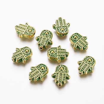 Tibetan Style Alloy Beads, Hamsa Hand/Hand of Fatima/Hand of Miriam, Golden & Green Patina, 12x10x4mm, Hole: 1mm