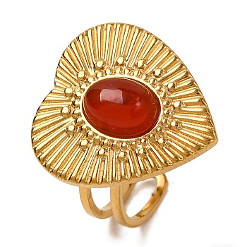 Oval Natural Carnelian Finger Rings, Heart Shape Golden Tone 304 Stainless Steel Open Cuff Rings for Women, Inner Diameter: adjustable