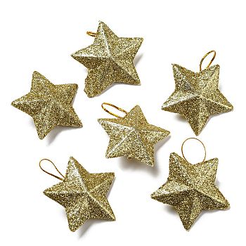 Plastic Glitter Star Pendant Decorations, Silk Ribbon Christmas Tree Hanging Decoration, Gold, 43x46x16.5mm