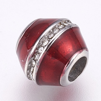 304 Stainless Steel European Beads, Large Hole Beads, with Enamel and Rhinestone, Barrel, Stainless Steel Color, Red, 11x10mm, Hole: 4.5mm