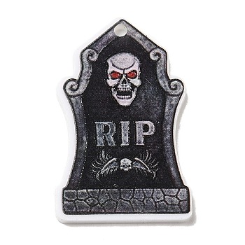 Halloween Themed Opaque Acrylic Pendants, Tombstone Charms, Black, 37.5~38x23.5~25.5x5mm, Hole: 2mm