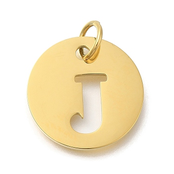 Ion Plating(IP) 304 Stainless Steel Pendants, with Jump Ring, Laser Cut, Flat Round with Letter Charm, Real 18K Gold Plated, Letter J, 20x1mm, Hole: 4.5mm