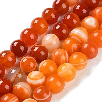 Natural Striped Agate/Banded Agate Beads Strands, Dyed, Round, Orange, 10mm, Hole: 1.2mm, about 19pcs/strand, 7.60''(19.3cm)