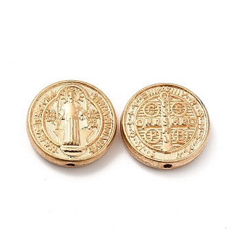 Alloy Beads, Flat Round with Cssml Ndsmd Cross God Father/Saint Benedict, Light Gold, 14.5x3.5mm, Hole: 1.2mm