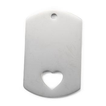 304 Stainless Steel Pendants, Rectangle with Hollow Heart, Stainless Steel Color, 40x25x1.5mm, Hole: 2.4mm