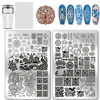 2Pcs 304 Stainless Steel DIY Nail Art Templates, Template Tool, with 1Pc Plastic Nail Art Image Templates, Mixed Shapes, 6.3~14.5x3.15~9.5cm