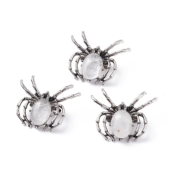 Natural Quartz Crystal Brooch, with Alloy Findings and Glass, Spider, Antique Silver, 34~35x41~42x7mm, Hole: 3x5mm