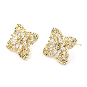Cubic Zirconia Flower Stud Earrings, Brass Earrings for Women, Real 18K Gold Plated, 20x20mm