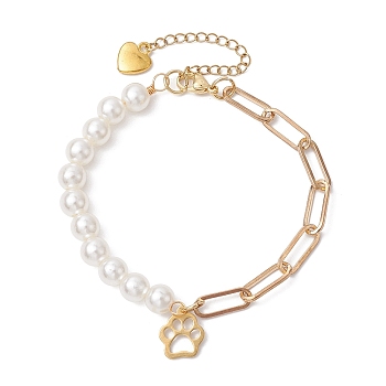 Imitation Pearl Acrylic & Iron Paperclip Chain Bracelets, Paw Print Charm Bracelets for Women, Golden, 8-1/2 inch(21.5cm)