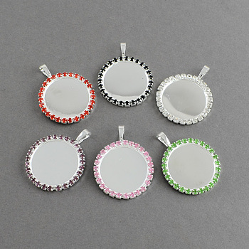 Brass Rhinestone Pendant Cabochon Settings, Picture Memory Frame Pendants, Flat Round, Mixed Color, Tray: 25mm, 41x32x3mm, Hole: 8x5mm