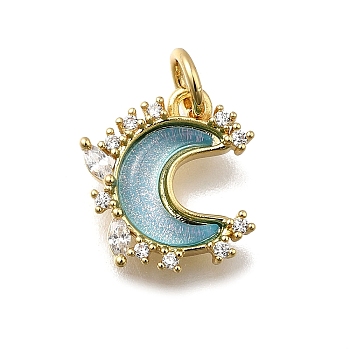 Brass Micro Pave Clear Cubic Zirconia with Glass Charms, Moon, Cadmium Free & Lead Free, Long-Lasting Plated, Rack Plating, with Jump Ring, Light Sky Blue, 13.5x11.5x3mm, Hole: 3.5mm