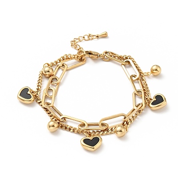 Acrylic Heart and Round Ball Charm Multi-strand Bracelet, Vacuum Plating 304 Stainless Steel Double Layered Chains Bracelet for Women, Golden, 7-1/2 inch(19cm)