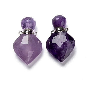 Natural Amethyst Perfume Bottle Pendants, with Platinum Brass Findings, Faceted, Rhombus, 27mm, Hole: 1.4mm