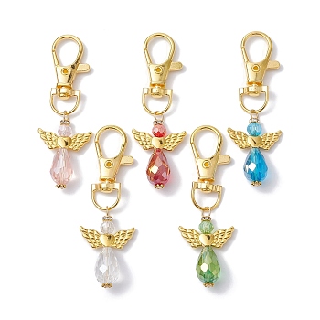 Angel Glass Pendant Decorations, with Alloy Swivel Lobster Claw Clasps, Mixed Color, Golden, 65mm