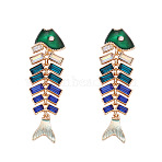 Alloy Rhinestone Fishbone Dangle Stud Earrings, with Enamel, Golden, Blue, 63x18mm(FS-WG8AC1D-01)