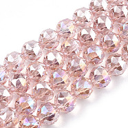 Electroplate Transparent Glass Beads Strands, Faceted, Round, Pink, 8x7.5mm, Hole: 1mm, about 70~72pcs/strand, 20.67 inch~21.26 inch(52.5~54cm)(EGLA-T020-16C)