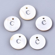 Natural Freshwater Shell Pendants, with Platinum Plated Iron Etched Metal Embellishments, Flat Round with Initial Letter, White, Letter.C, 11x2mm, Hole: 1.5mm(SHEL-Q018-01A-C-P)