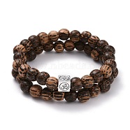 Waxed Natural Bodhi Wood Round Beads Stretch Bracelets Sets, Om Symbol Alloy Cube European Beads Yoga Bracelets for Men Women, Saddle Brown, Inner Diameter: 2-1/8 inch(5.4cm), 2pcs/set(BJEW-JB07099)