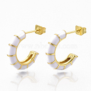 Brass Stud Earrings, Half Hoop Earrings, with Enamel and Earring Backs, Real 18K Gold Plated, Bamboo Shape, White, 21x16.5x3.5mm, Pin: 0.7mm(EJEW-S209-10F)