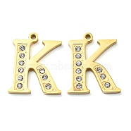 Real 14K Gold Plated 304 Stainless Steel Pendants, with Rhinestone, Letter K, Letter K, 18x15x2mm, Hole: 1.4mm(STAS-L022-157G-K)