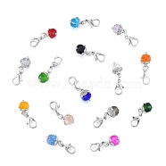 Alloy Pendant Decoration, with Crystal Faceted Round Beads, Lobster Clasp Charms, Clip-on Charms, for Keychain, Purse, Backpack Ornament, Stitch Marker, Mixed Color, 2.7cm, 1pc/color, 15 colors, 15pcs/bag(KEYC-B014-03)