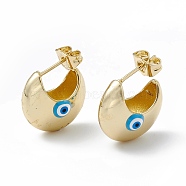 Enamel Crescent Moon with Evil Eye Stud Earrings, Real 18K Gold Plated Brass Half Hoop Earrings for Women, Deep Sky Blue, 16.5x18mm, Pin: 1mm(EJEW-A093-01G-10)
