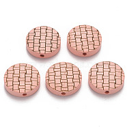 Painted Natural Wood Beads, Laser Engraved Pattern, Flat Round, Pink, 15x5mm, Hole: 1.8mm(X-WOOD-N006-05K)