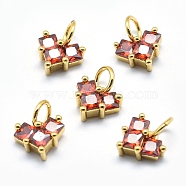 Brass Charms, with Cubic Zirconia, Lead Free & Cadmium Free & Nickel Free, Heart, Red, Real 18K Gold Plated, 7x8x4mm, Hole: 3mm(KK-P155-31G-01-NR)