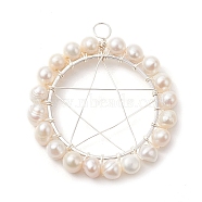 Natural Cultured Freshwater Pearl Round Beaded Ring Pendants, Copper Wire Wrapped Pentagram Charms, Platinum, 43.5x40x6.5mm, Hole: 4mm(PALLOY-JF02616-02)