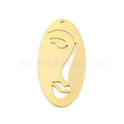 Brass Pendants, Woman's Face, Real 18K Gold Plated, 38x19x1mm, Hole: 1.2mm(KK-K382-08G)