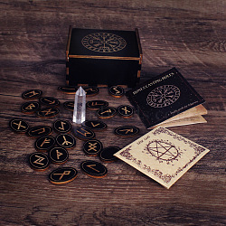 Divination Supplies Kits, Including Wooden Rune Stones & Box, Quartz Crystal Hexagonal Prisms, Parchment, Velvet Drawstring Bags, Instruction Book, Mixed Color, Wood Box: 100x86x51mm(PW-WG44637-01)