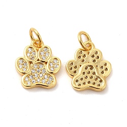 Rack Plating Brass Micro Pave Cubic Zirconia Charms, Dog Paw Print Charm, with Jump Ring, Long-Lasting Plated, Lead Free & Cadmium Free, Real 18K Gold Plated, 13x11x2mm, Hole: 3mm(X-KK-F851-07G)