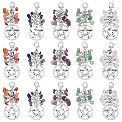 Natural Gemstone Chip Pendant Decoration, Alloy Flat Round with Star Pendant Decoration, 60mm, 5 color, 1pc/color, 5pcs/set(HJEW-AB00343)