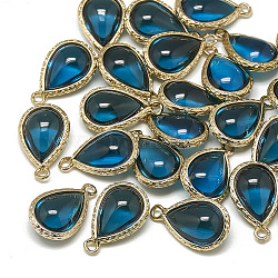 Glass Pendants, with Golden Tone Brass Findings, teardrop, Dodger Blue, 18.5x12.5x7mm, Hole: 1.5mm(GLAA-Q068-19A-04)