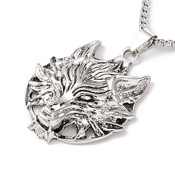 Alloy Wolf Pendant Necklace with 201 Stainless Steel Box Chains, Gothic Jewelry for Men Women, Antique Silver & Stainless Steel Color, 23.62 inch(60cm)(NJEW-E016-19AS)