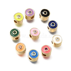 Brass Micro Pave Cubic Zirconia Beads, with Enamel, Flat Round, Real 18K Gold Plated, Mixed Color, 6x5mm, Hole: 1.8mm(CU-CBA108A-01G)