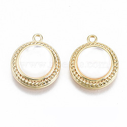 Natural Freshwater Shell Charms, with Brass Findings, Nickel Free, Flat Round, Seashell Color, Real 18K Gold Plated, 13.5x11.5x4mm, Hole: 1.2mm(KK-T062-24G-NF)