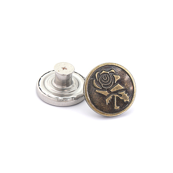 Alloy Button Pins for Jeans, Nautical Buttons, Garment Accessories, Round with Rose, Antique Golden, 20mm