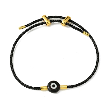 Lampwork Evil Eye & Brass Beaded Bangle, Stainless Steel Twist Rope Adjustable Bangles for Women, Black, Inner Diameter: 2~3-1/2 inch(5~9cm), 2mm