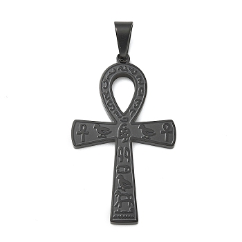 304 Stainless Steel Pendants, Ankh Cross Charm, Black, 45.5x26.5x2mm, Hole: 8x5.5mm